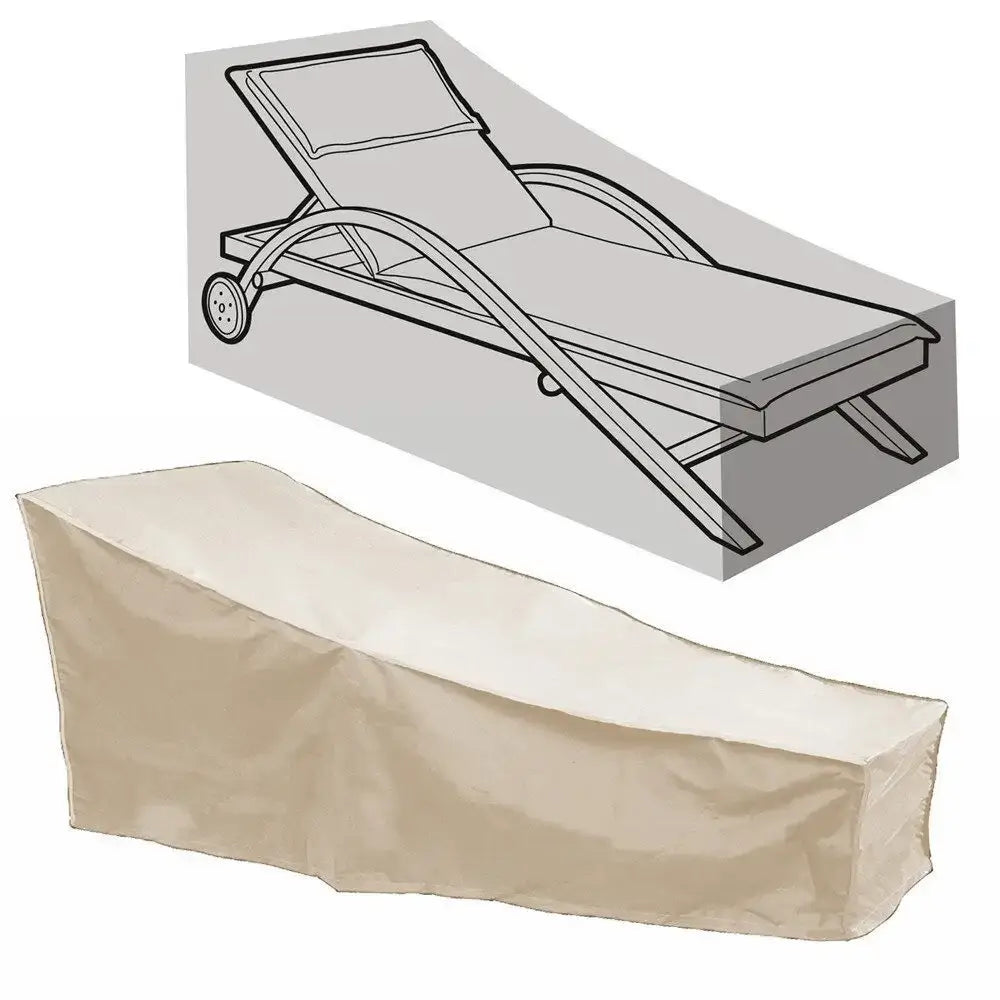 Funda beige impermeable y resistente a la intemperie para chaise longue de exterior, diseñada para ajustarse a un sillón solar con ruedas