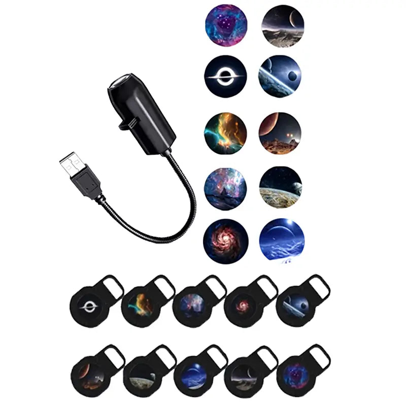 black usb-powered led galaxy projection lamp with flexible cord designed to cast cosmic space-themed images using 10 slides onto surfaces