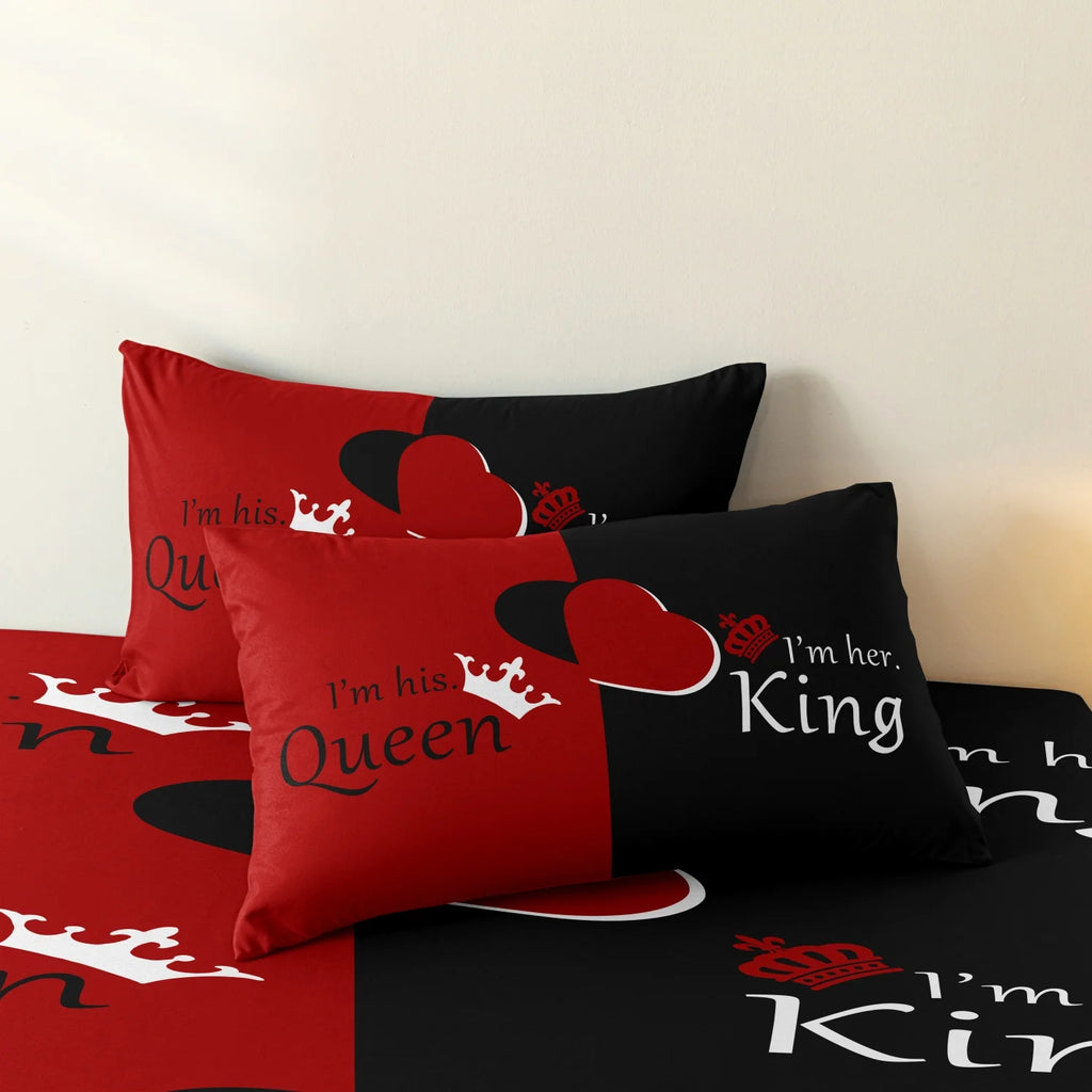 3pcs Red Black Duvet Cover Bedding Set With Queen & King Crown Featuring English Letters Design Print Perfect For Bedroom Hotel