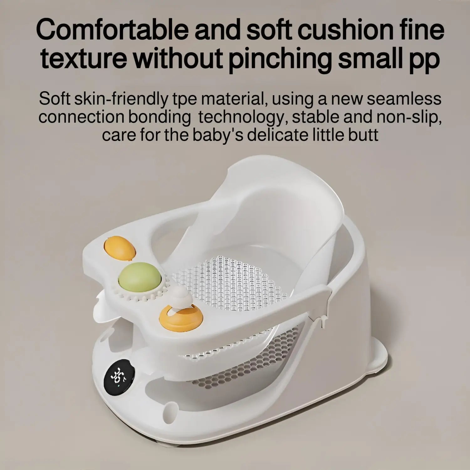 Asiento de baño para bebé de plástico blanco con visualizador de temperatura, superficie acolchada suave y botones laterales texturizados de color naranja y verde, con ventosas para un uso seguro.