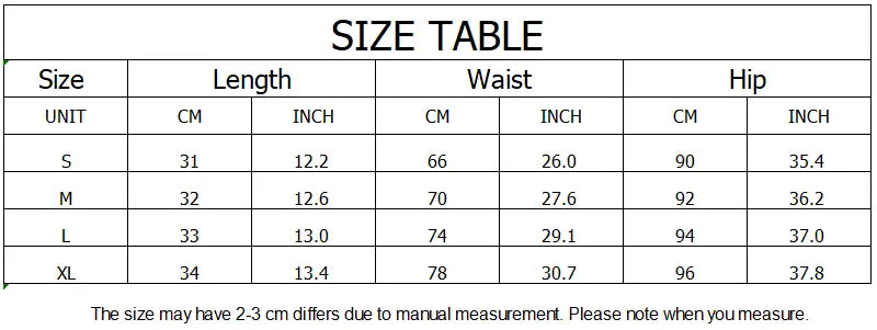 Größentabelle mit Maßangaben in Zentimetern und Zoll für Größen von klein bis extra groß der Damen-High-Waist-Shorts von Mooyufon in Schwarz.