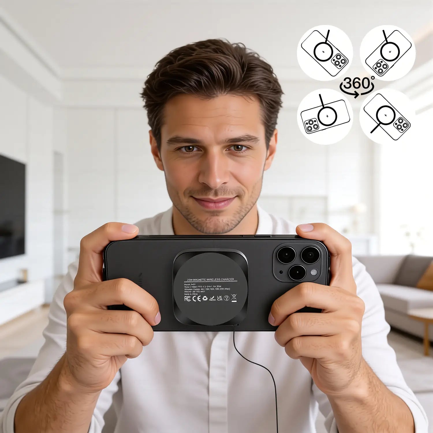 Schwarze Magnet-Handyhalterung mit rundem Design und mehreren Aussparungen für Kameralinsen für eine 360-Grad-Drehung, kompatibel mit dem orangefarbenen 25-W-Magnet-Ladegerät für kabelloses Laden für das iPhone