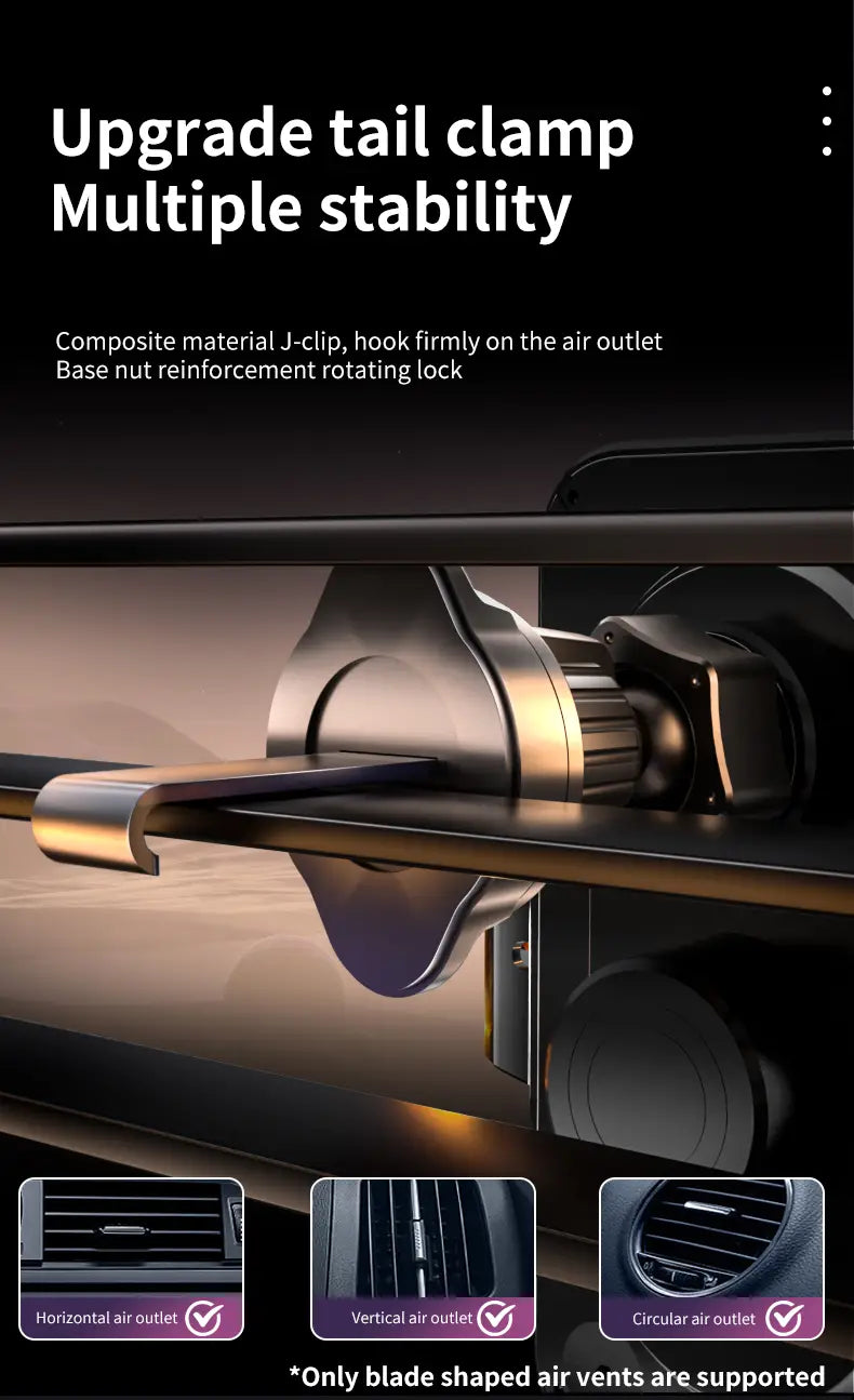 Black composite material tail clamp with j-clip design for secure attachment to air vents on wireless charger phone holder with infrared auto clamping for wireless charging.
