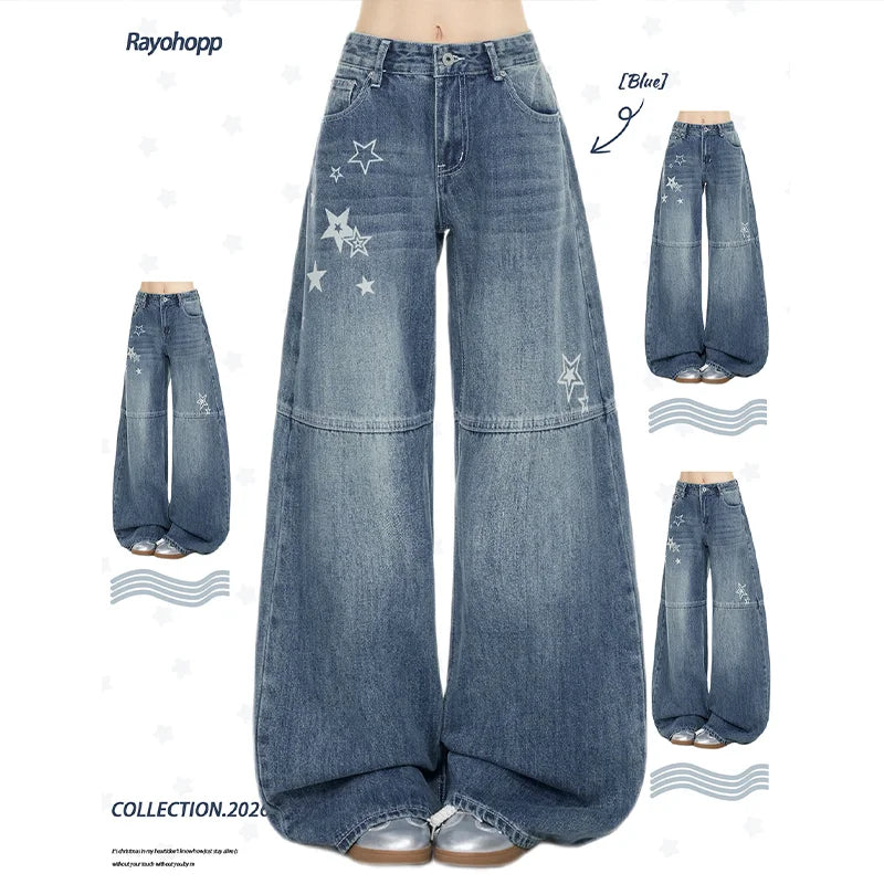 Women's Blue Casual Denim Jeans Baggy Y2K Harajuku High Street Fashion 2000S Style Cute Retro Wide Leg Jeans Long Pants Clothing
