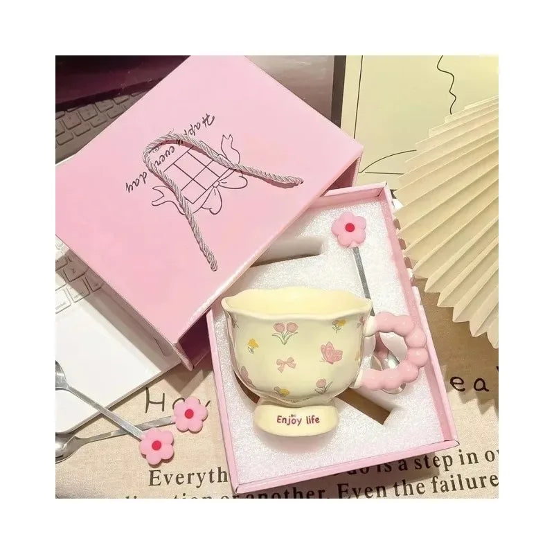 340mI birthday gift for girls, girlfriends, souvenir, water cup, tulip ceramic cup, high-end gift box, flower mug.