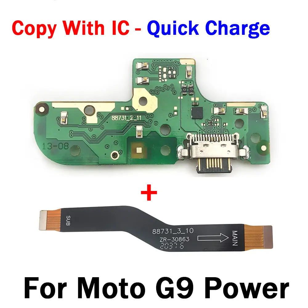 Green circuit board with usb-c port and silver metallic contacts paired with a black flexible ribbon cable labeled main for usb charging board used in motorola moto g series charging dock.