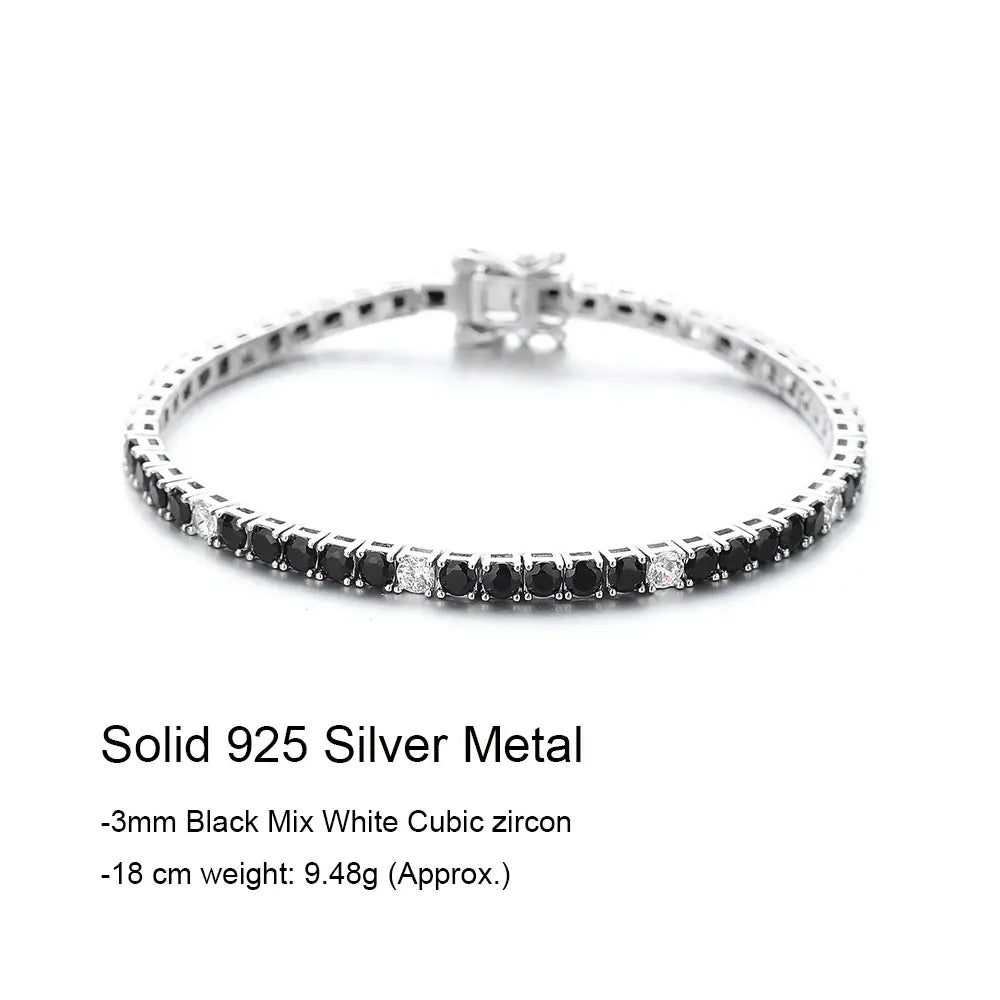 Sterling silver black cz tennis bracelet 3mm featuring a sleek 18 cm solid 925 silver band with alternating black and white cubic zirconia stones and a secure clasp.