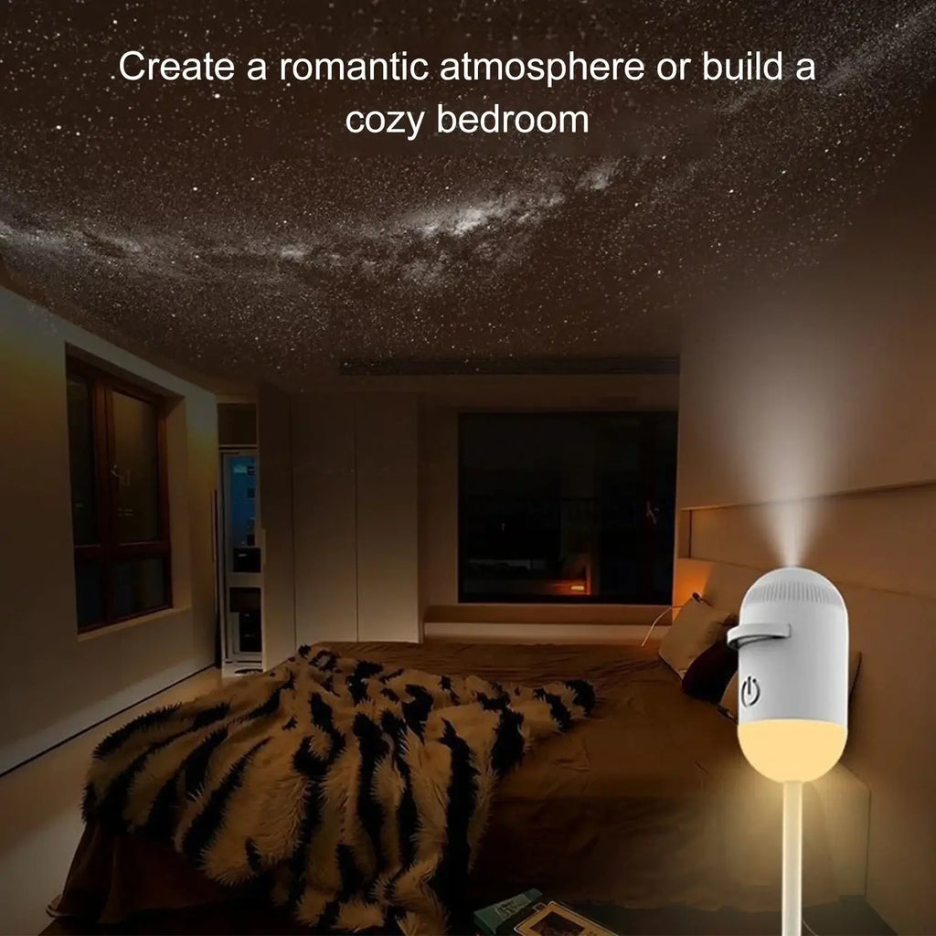 White cylindrical usb car night light with warm glow and star projector light for ambient sleep decoration