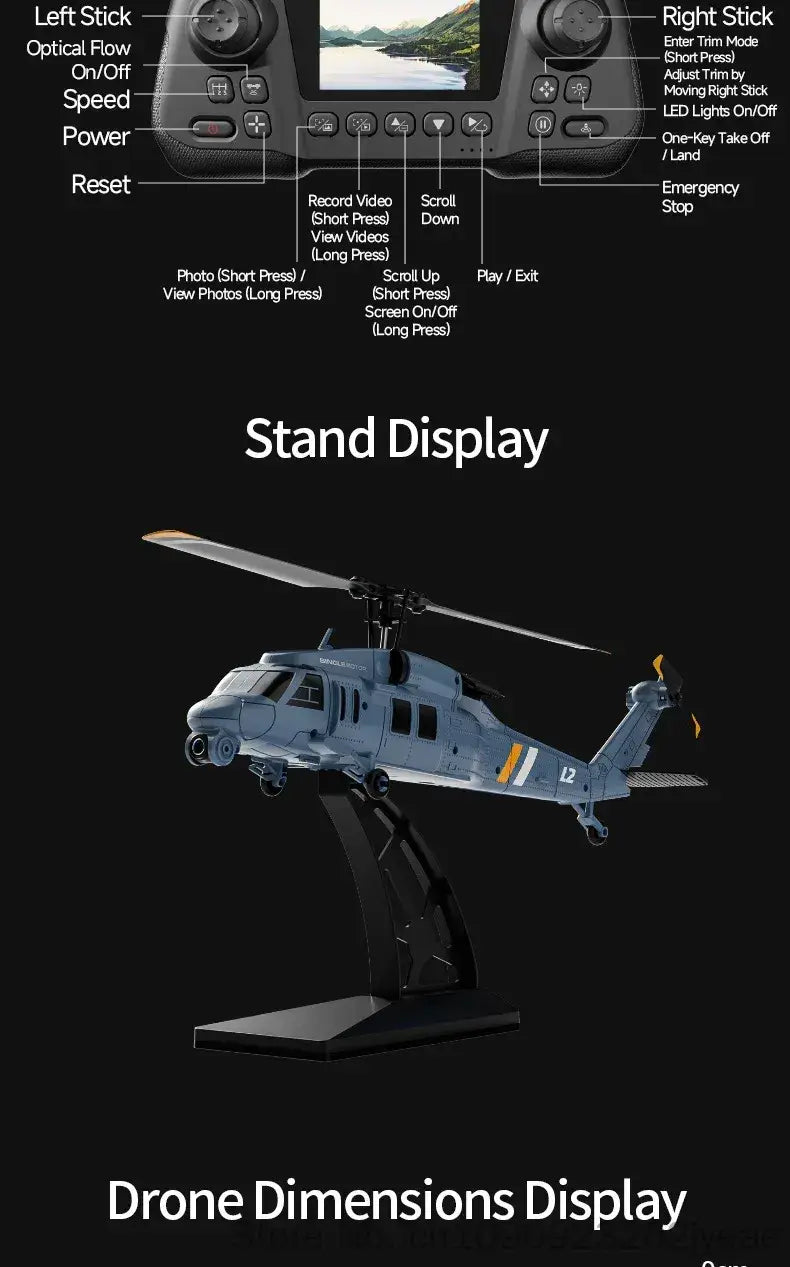 Gray remote control helicopter model with black stand featuring detailed markings and a small screen display, equipped with an 8k camera.