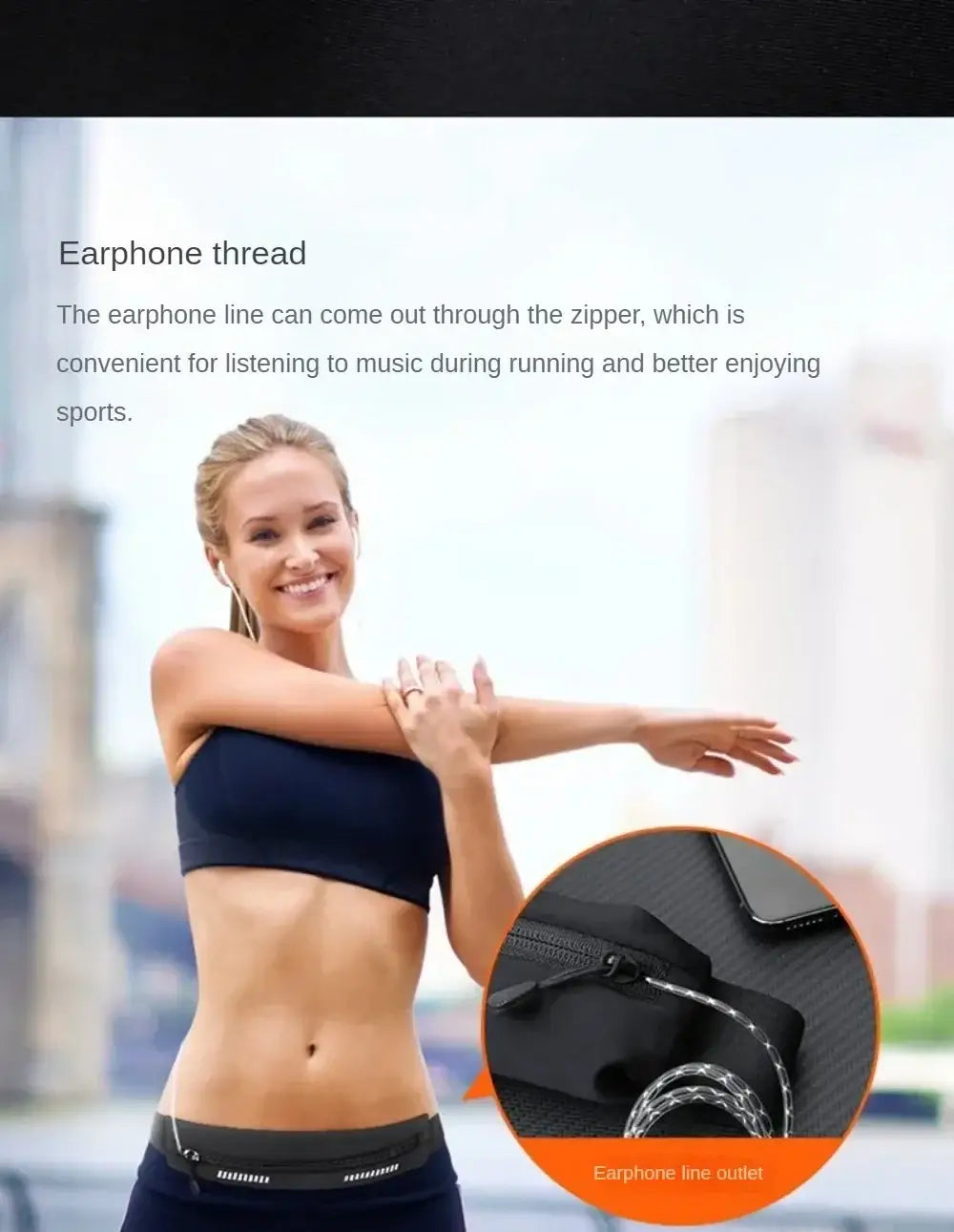 Schwarze wasserdichte Sport-Gürteltasche mit Reißverschluss und Auslass für verdrillten Ohrhörerfaden für eine sichere Aufbewahrung während des Fitness-Trainings.