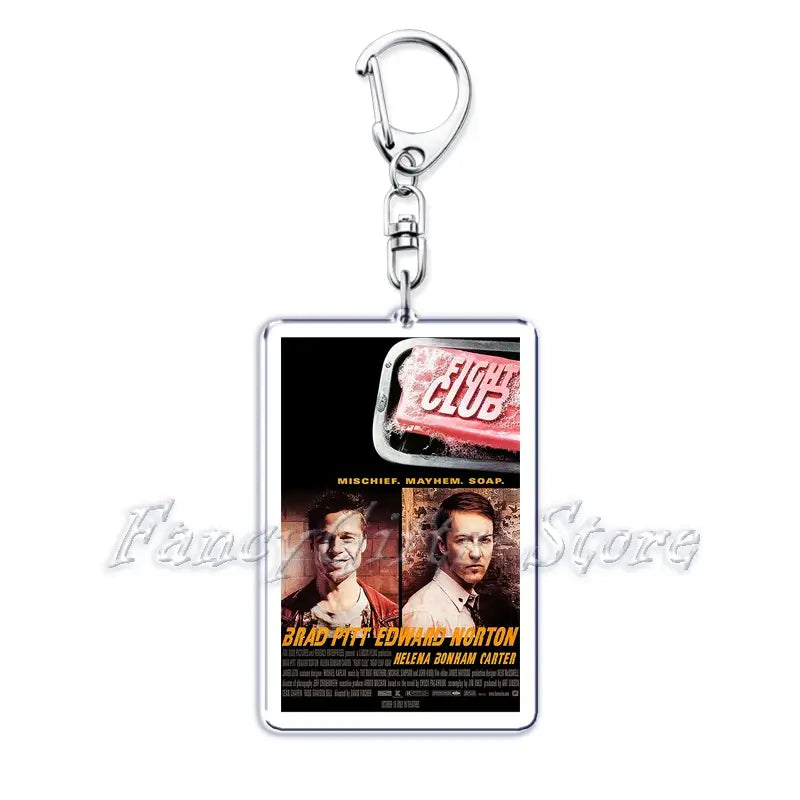 Silver rectangular acrylic keychain featuring a printed movie poster for fight club with Brad Pitt and Edward Norton from the movie poster acrylic keychain set.