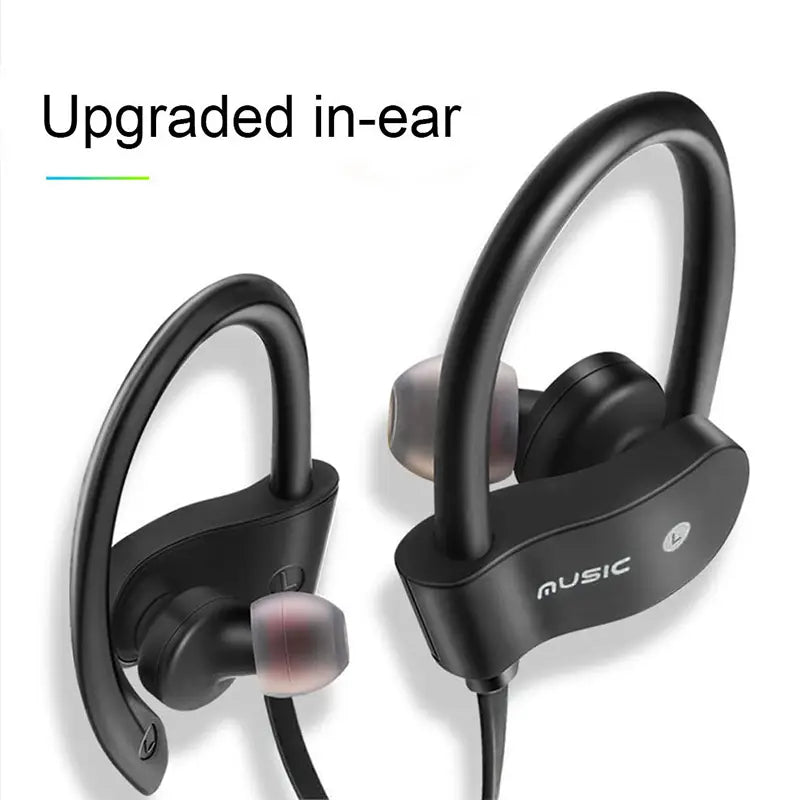 Black wireless sport earhooks Bluetooth headphones with sleek curved hook design and soft silicone ear tips for secure in-ear sports use.