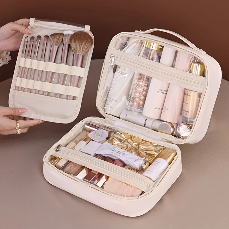 Spacious Double-Layer Travel Makeup Bag Durable Faux Leather with Clear Compartments Storage Bag for Women's Beauty Essentials