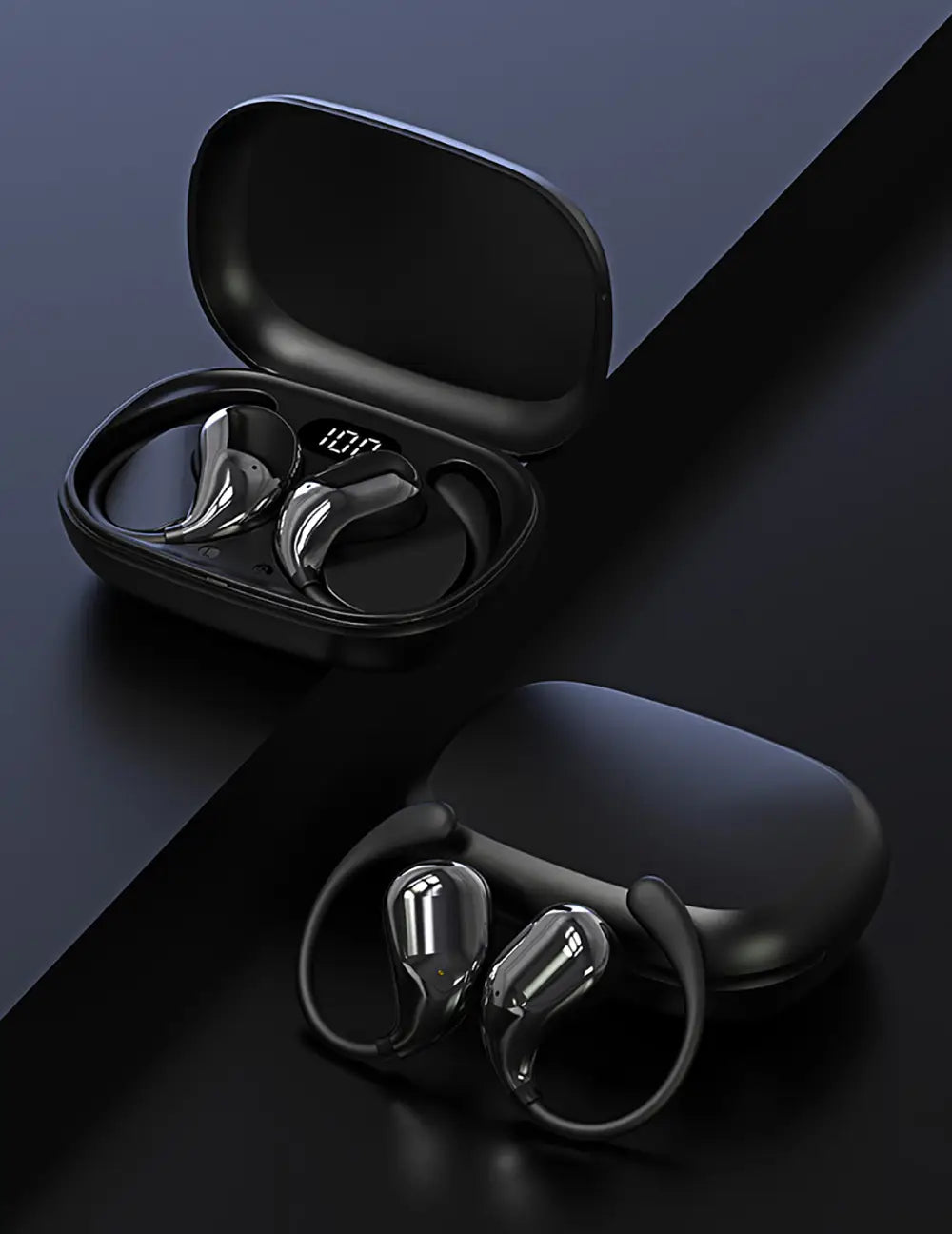 Bluetooth ear hook headphones wireless sports earbuds in black with sleek metallic silver accents and a matching charging case featuring an illuminated digital display.