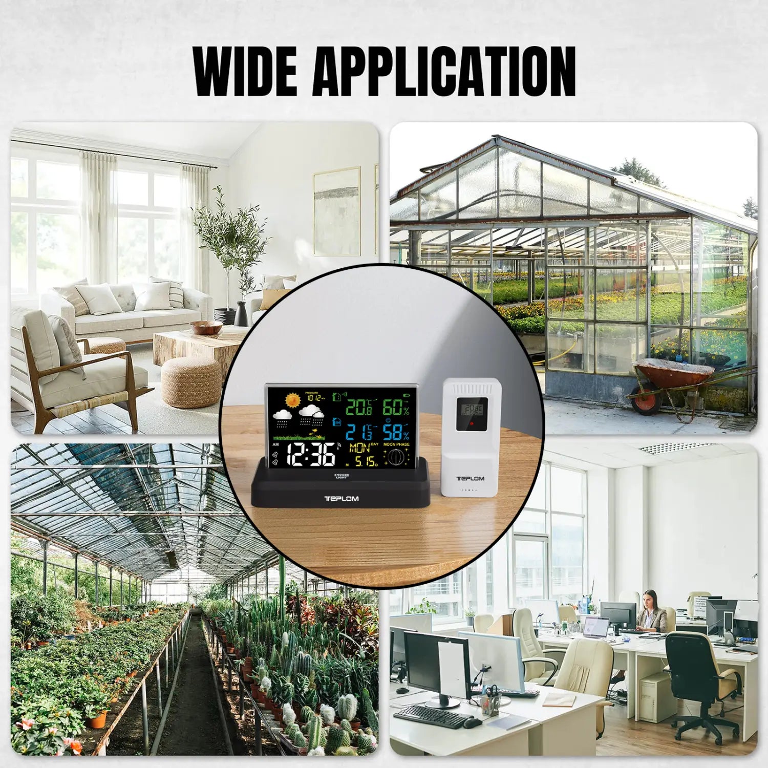 Black digital wireless weather station with colorful led display showing indoor and outdoor temperature humidity and time powered by lr6 aaa batteries