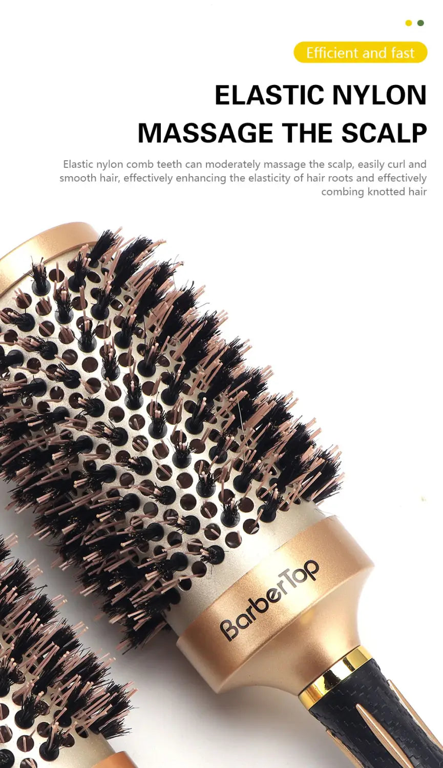 Aluminum round hair styling brush with gold-colored barbertop and black and rose-gold nylon bristles for scalp massage.