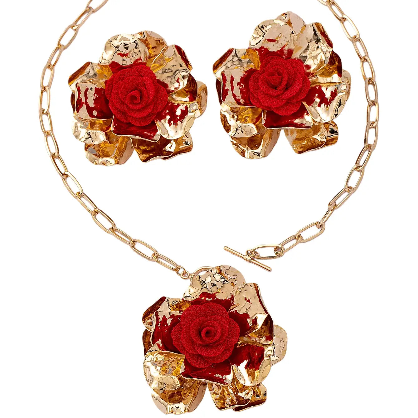 Red floral jewelry set featuring a gold-toned necklace and matching earrings with vibrant red fabric roses in textured metallic gold flower-shaped pendants.