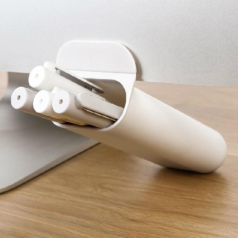 weiße, aus Kunststoff gefertigte, an der Wand montierte Schreibtisch-Organizer-Aufbewahrungsbox mit einem gewölbten zylindrischen Körper, ausgelegt als Stift- und Bleistifthalter.