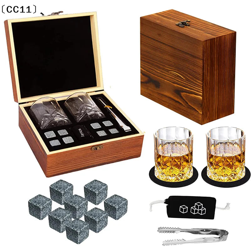 Father'S Day Gift Whiskey Stones Set 8 Pcs Granite Ice Cubes+ 2 Pcs Cups For Whisky In Wooden Bottle Box Present For Dad〔CC11〕