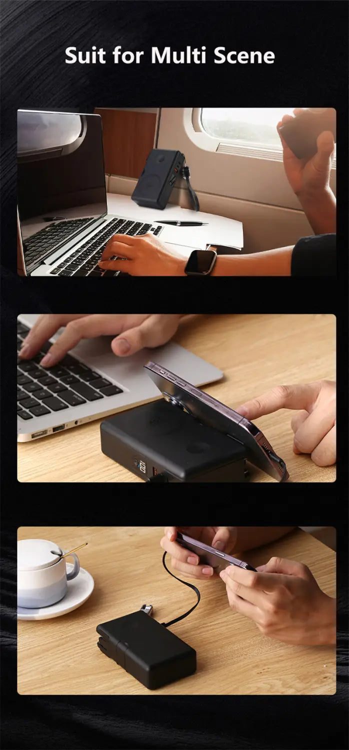 Black rectangular portable power bank with sleek minimalist design and rounded edges featuring magnetic wireless 20000mah capacity and 65w fast charging capability.