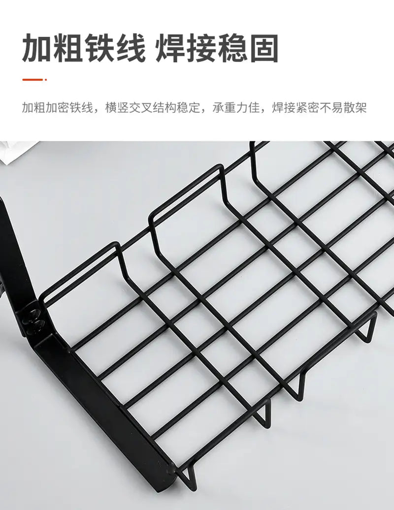 under desk cable management tray metal wire storage rack in black metal featuring reinforced welding and a grid design for organized cable storage.