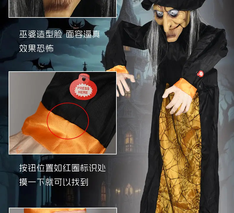 figurine animée de sorcière d’Halloween suspendue pour maison hantée, avec une silhouette noire et orange, un visage effrayant détaillé et de longs cheveux gris, idéale pour des jouets électriques hantés et des présentoirs de maison hantée de jouets.