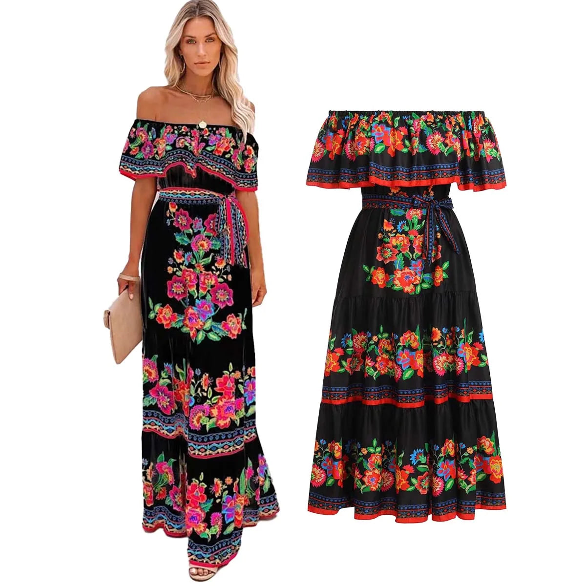 Beach Holiday Party Traditional Ethnic Wear Off Shoulder Floral Print Women Mexican Dress