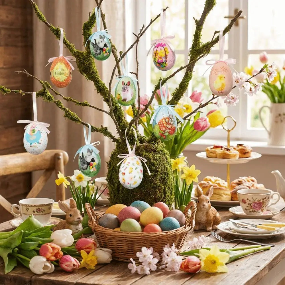 eigenständiger Osterdekorationsbaum mit moosbedeckten Zweigen und aufgehängten bemalten Schaumstoff-Eiern, die als DIY-Bastelanhänger verwendet werden.