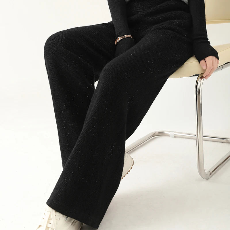 Women Wide-Leg Pants 100% Merino Wool Trousers New Collection High Quality Autumn Winter Soft Thick Female Pants