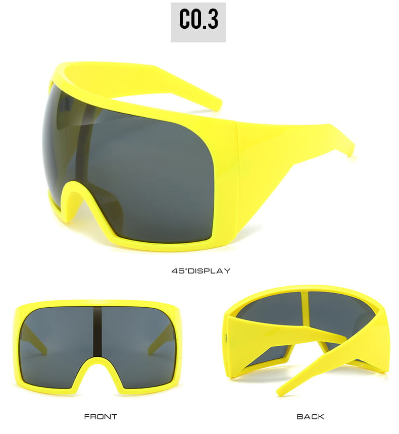 Futuristische Schild-Sonnenbrille für Herren mit lebhaftem gelbem Kunststoffrahmen und UV400-dunkelgrauen Gläsern mit kräftigem futuristischem Design.
