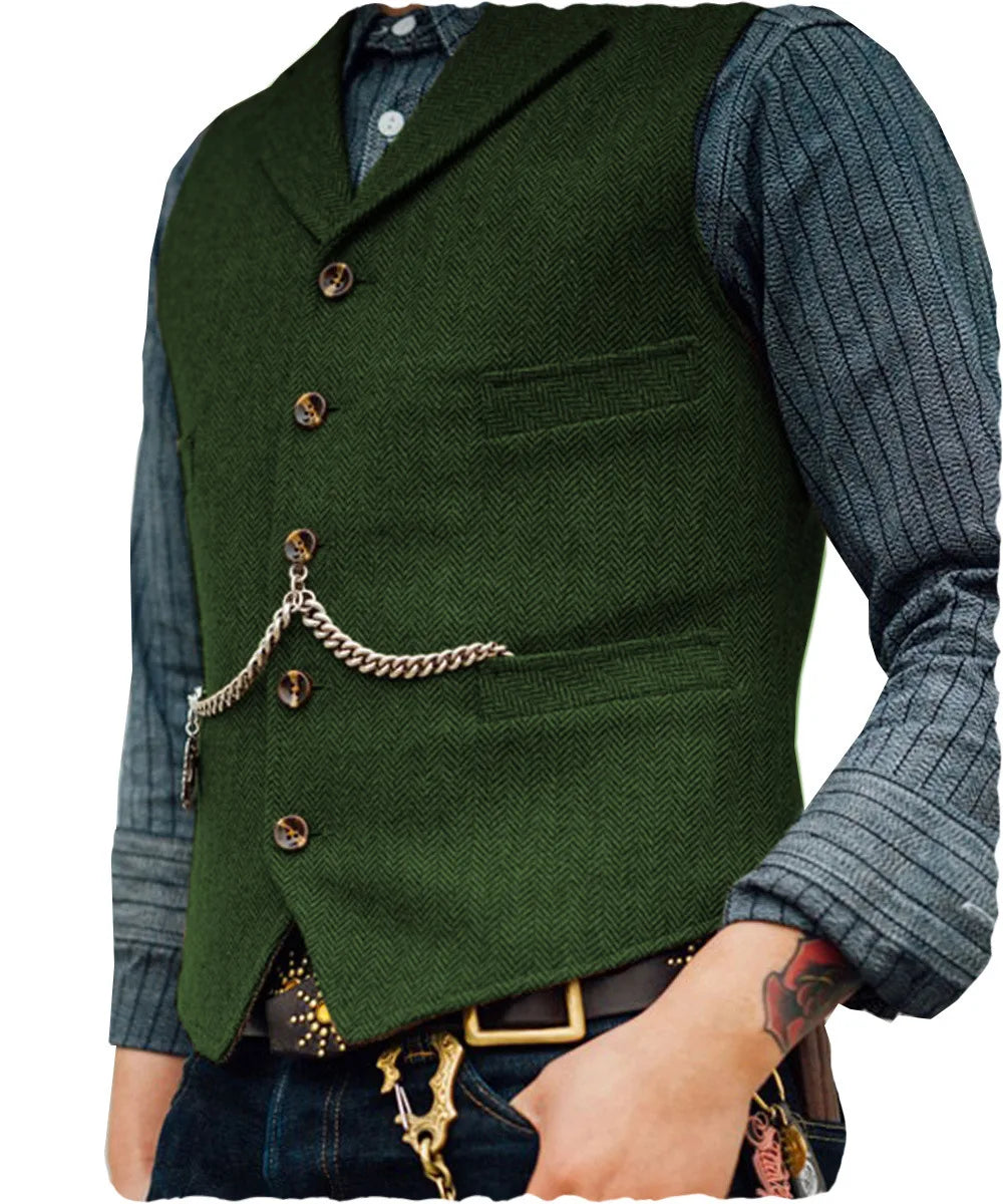Mens Suit Vest Lapel V Neck Herringbone Casual Business Vest Waistcoat Groomman For Wedding Tweed Business Waistcoat