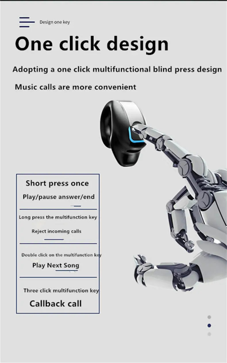 Black and silver robotic arm holding a sleek, high quality earphone clip wireless Bluetooth headset with noise reduction and blue accent lighting.