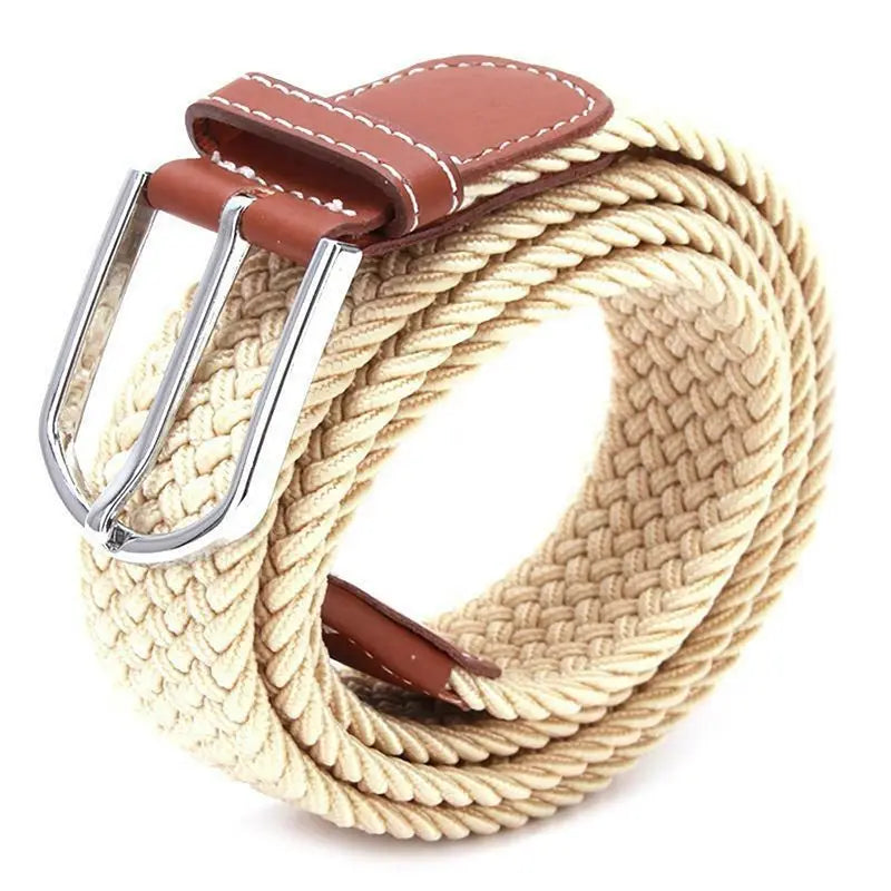 Beige braided elastic tactical canvas belt with brown leather tab and silver toned buckle adjustable for men outdoor waistband use.