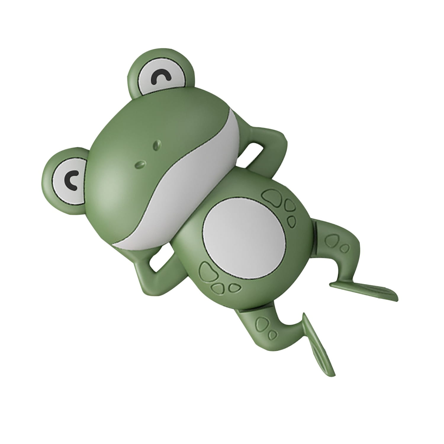 Ein Aufzieh-Frosch-Badespielzeug aus grünem und weißem Kunststoff mit cartoonartigen Augen, lächelndem Mund und strukturierten Punkten am Bauch, ausgelegt zum Schwimmen im Wasser.