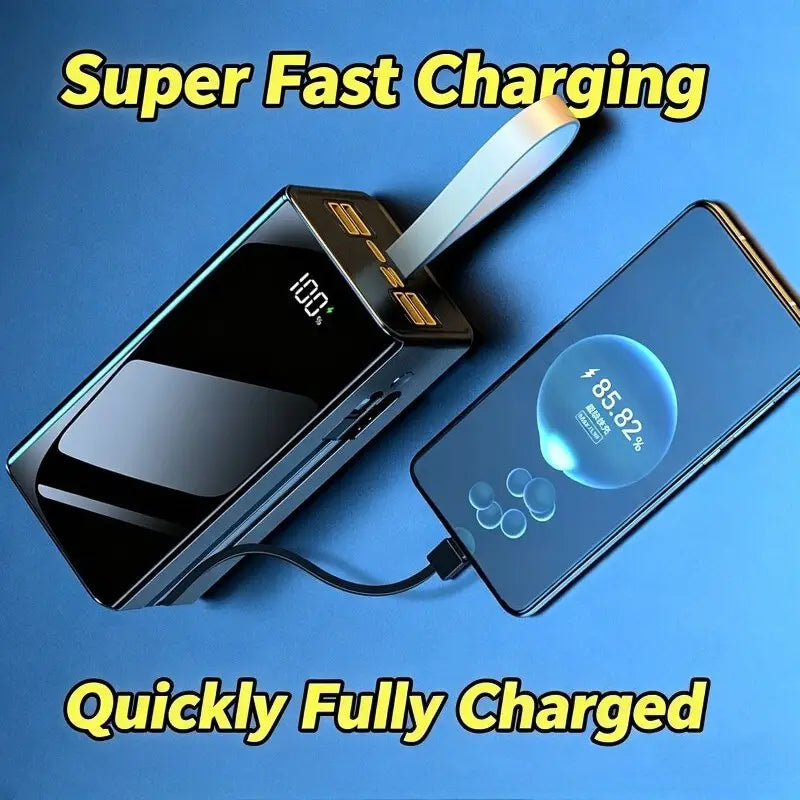 Black rectangular 120w 60000mah power bank with built-in handle and digital display showing 100% charge connected to a smartphone displaying 85.82% battery level.