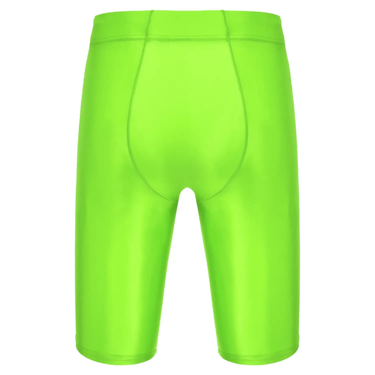 Shorts de compresión en verde neón brillantes y ajustados, con tejido brillante liso y costuras reforzadas, que complementan la camiseta de compresión para hombre de manga larga y acabado brillante.