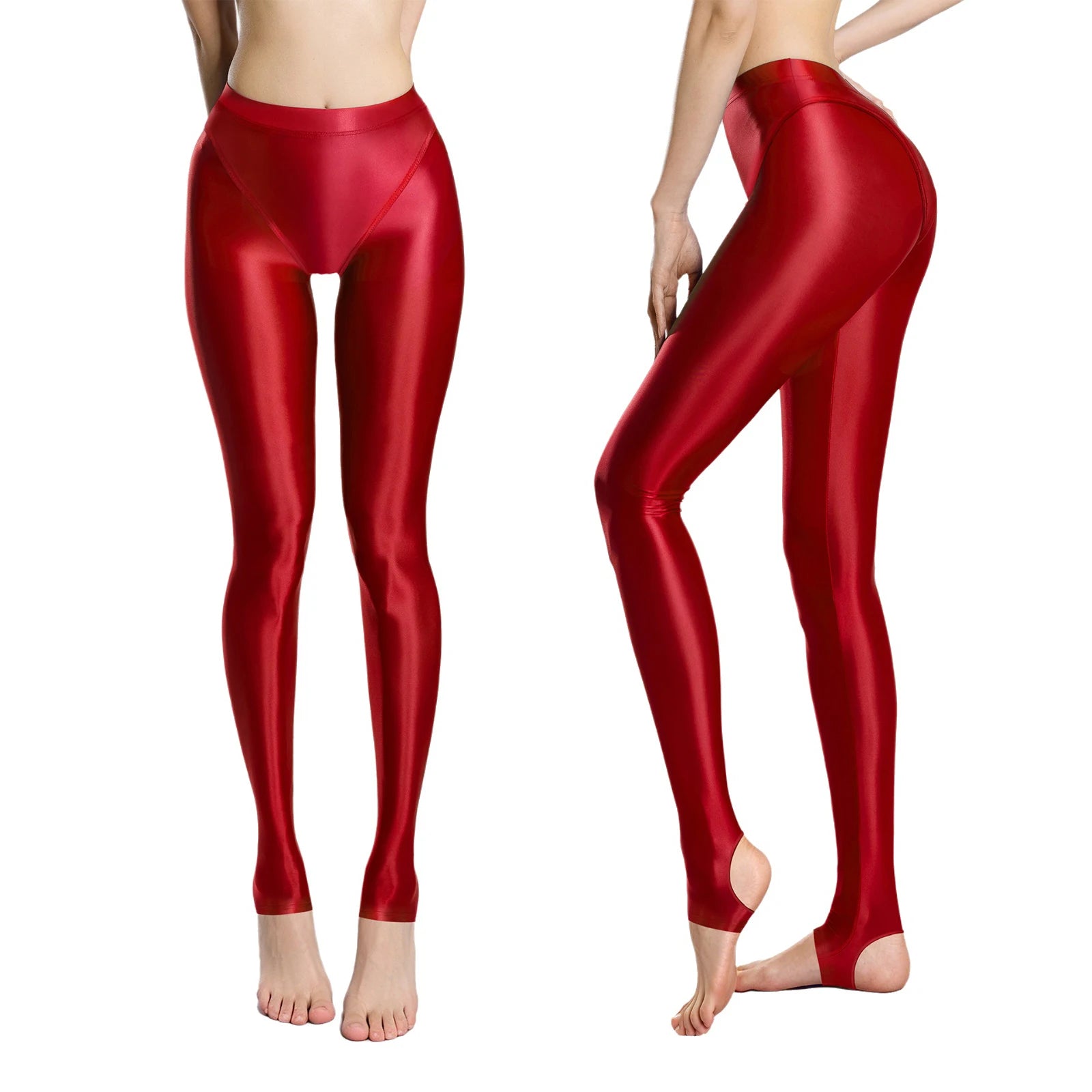 Glossy high waist stirrup leggings in shiny red metallic fabric with a high-waisted design and open-toe cut.