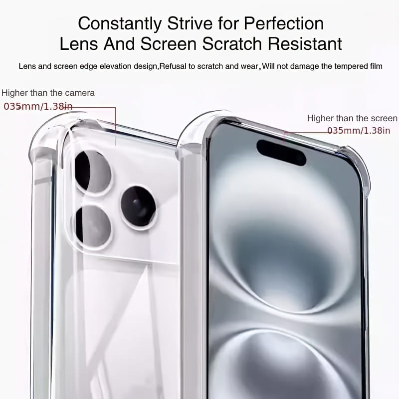 Klare transparente gehärtete Glas-iPhone-17-Pro-Max-Ultra-Thin-TPU-Hülle mit der Rückseite, mit erhöhten Kanten und präzisen Aussparungen für die Kameraobjektive