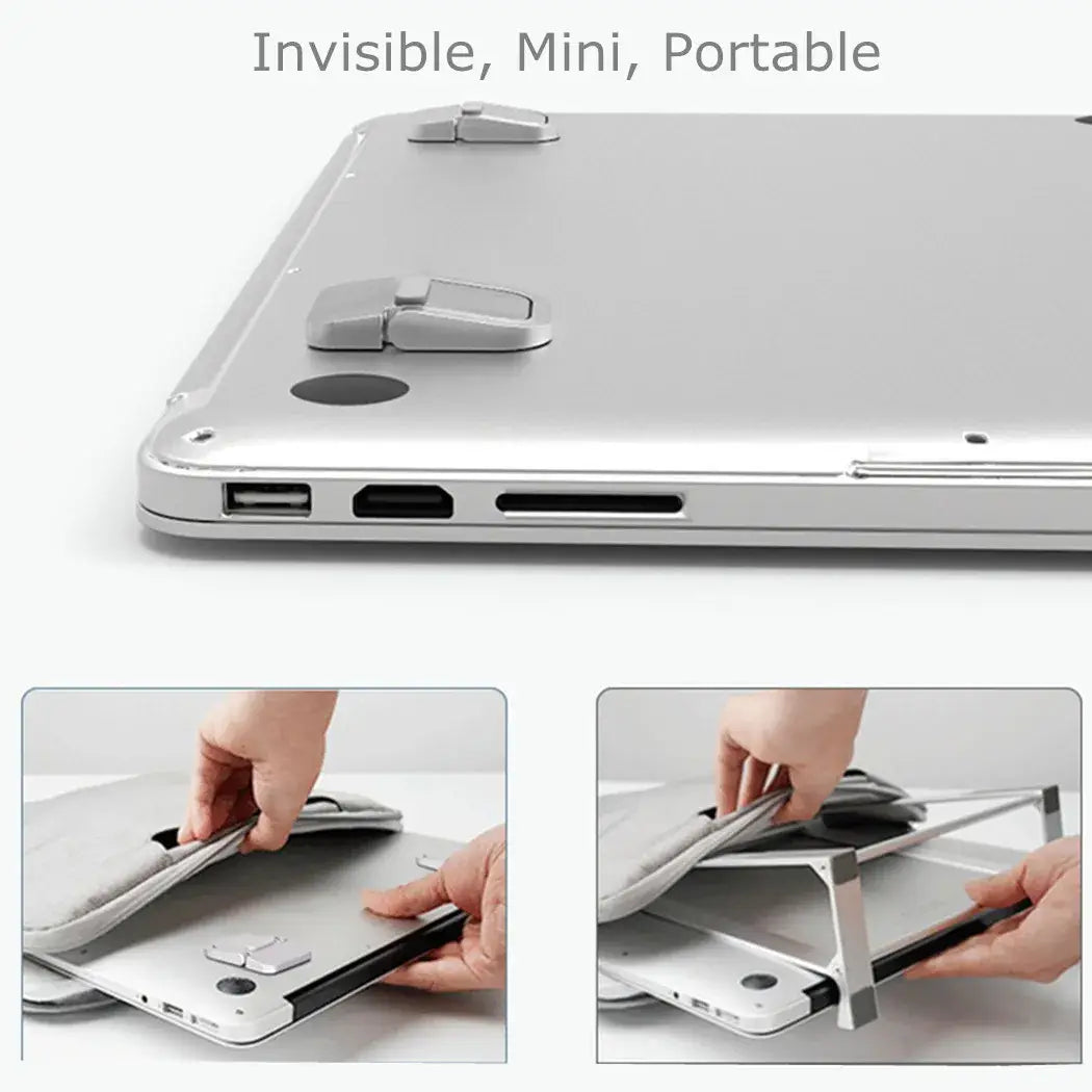 Silver portable foldable laptop stand with adjustable height and minimalist design for ergonomic desk use.