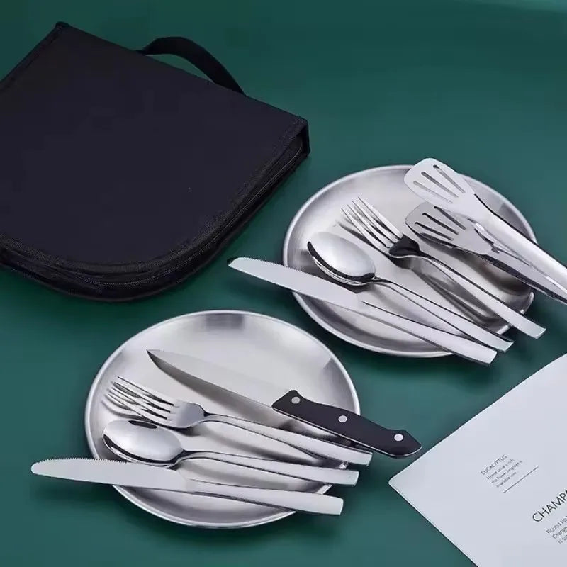 Camping and Travel Dining Set for Two with Plate and Cutlery Including Fork, Knife, and Spoon