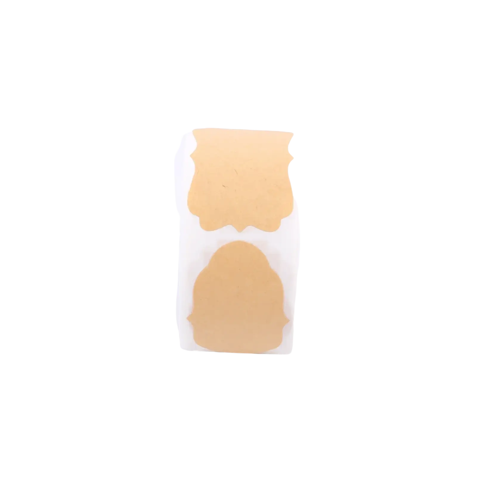 Un autocollant en papier adhésif beige à bords festonnés, vu de face, pour des décorations de Noël.