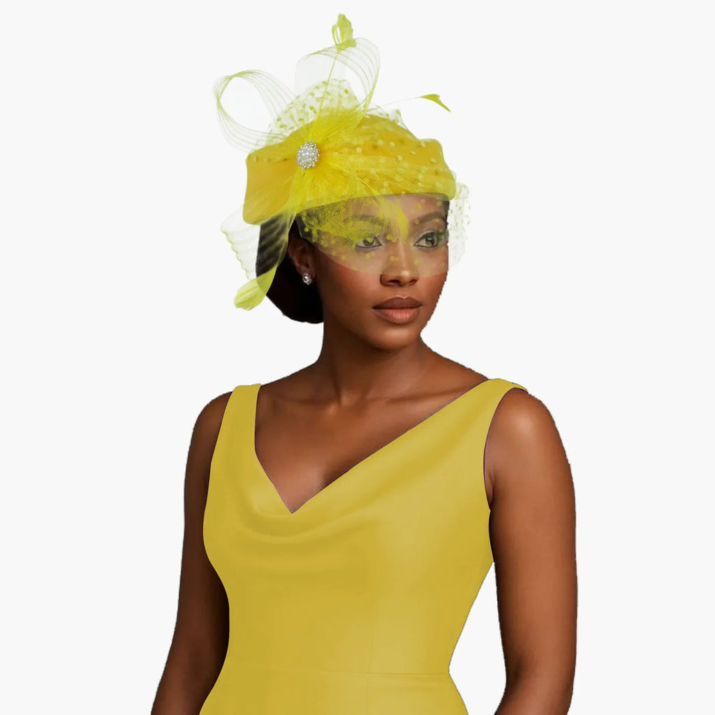 Women Bridal Fascinator with Feathers Dot Print Veil Elegant Pillbox Hats for Tea Party Wedding Church Fedoras Headscarf Bonnet