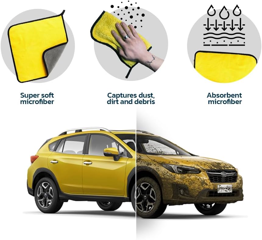 Chiffon en microfibres pour voiture jaune vif avec bordure noire, inclus dans le kit de nettoyage pour voiture et dans l’ensemble de brosses de nettoyage.
