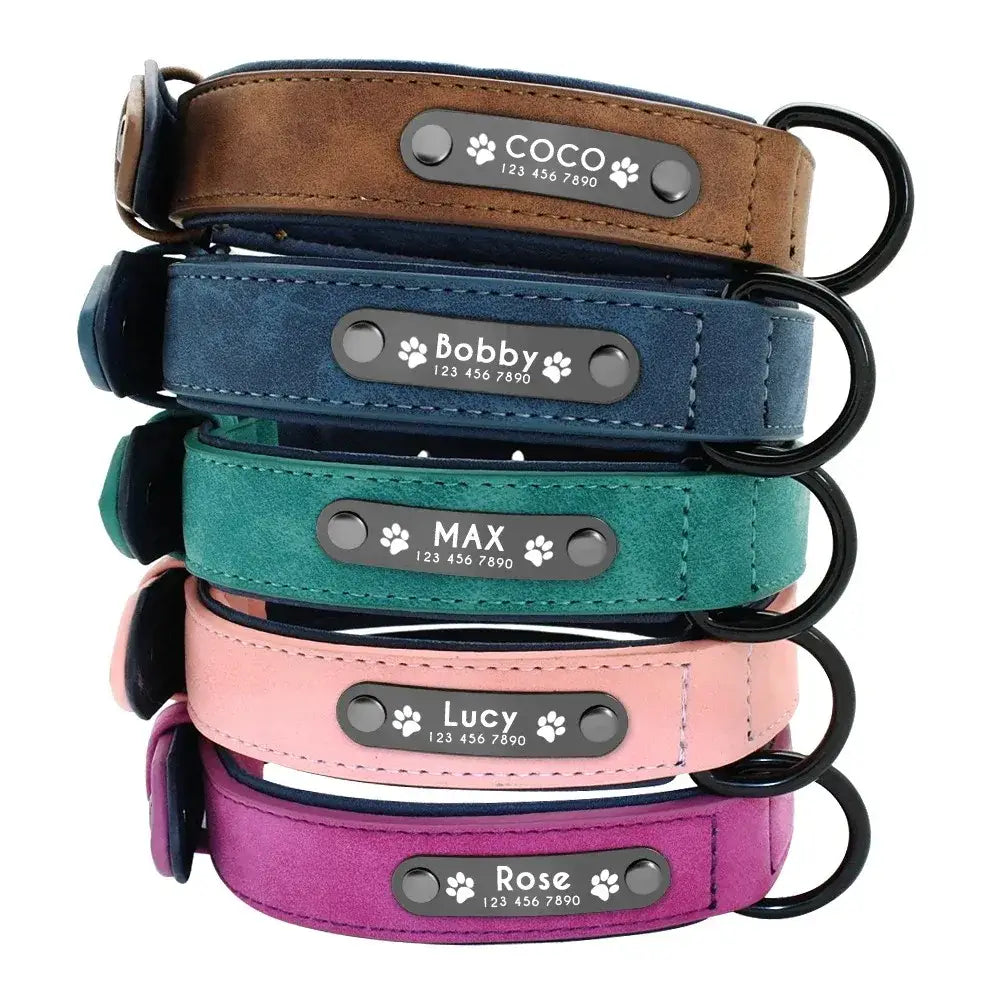 stacked customized leather dog collars in suede-like fabric with engraved metal nameplates featuring paw prints and names including coco bobby max lucy and rose showcasing customization information.