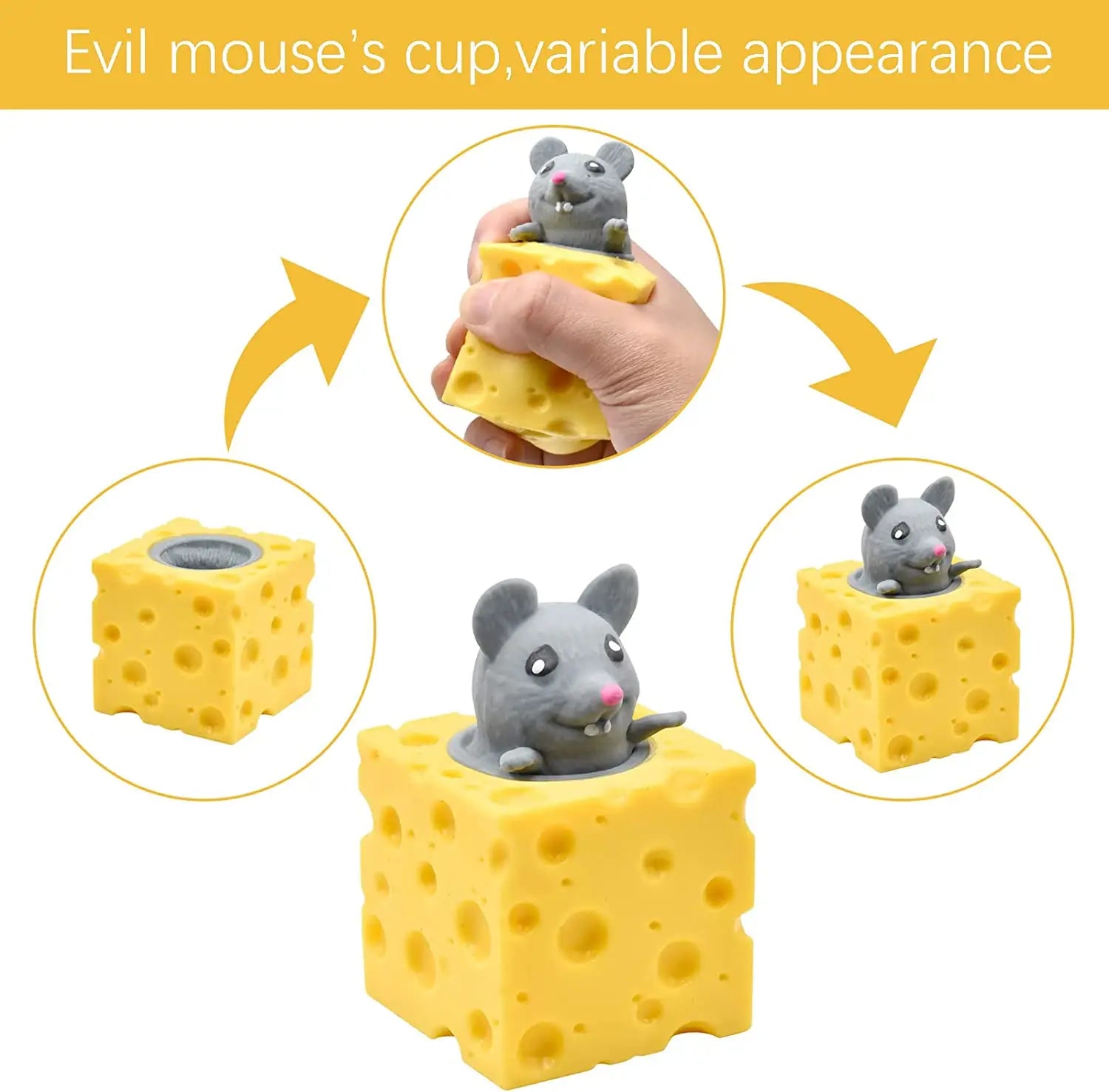 Eine graue Kunststoffmaus mit rosa Nase und weißen Zähnen tritt aus einem gelb strukturierten Käse-Quetschwürfel in einem Käse-Maus-Becher-Sinnes-Fidget-Spielzeug hervor.