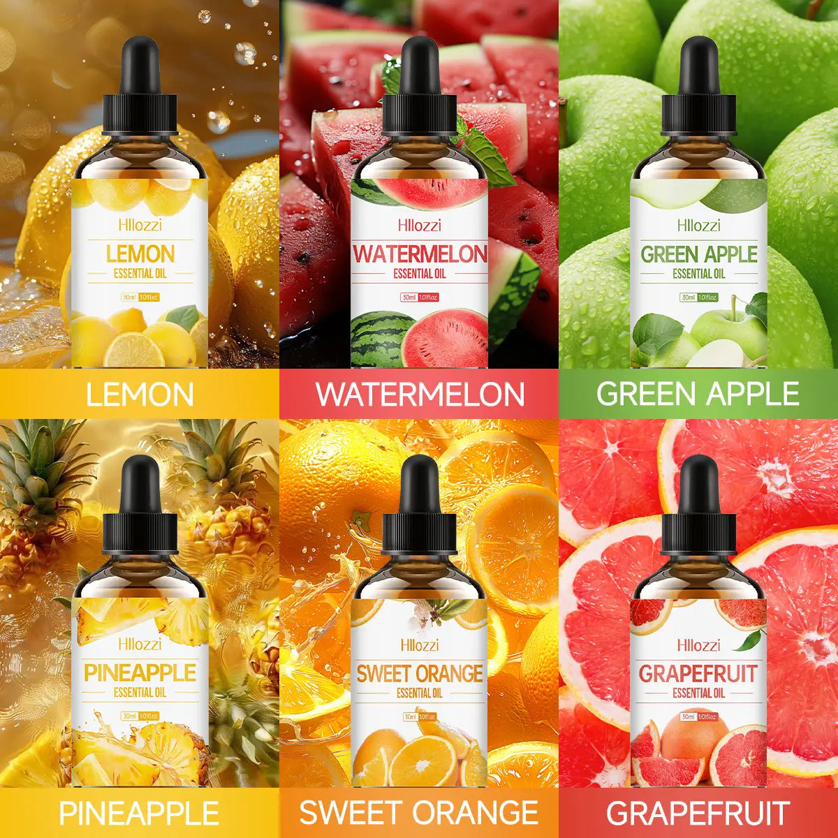 Six amber glass essential oil bottles with black dropper caps labeled hillozzi essential oil featuring distinct fruit designs for skin care use in an essential oil fruit set.