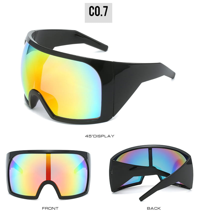 Futuristische Schild-Sonnenbrille für Herren UV400 in Schwarz mit schwarzen Rahmen und schillernden, regenbogenfarbenen Gläsern, die Gelb-, Orange- und Blaunuancen reflektieren.