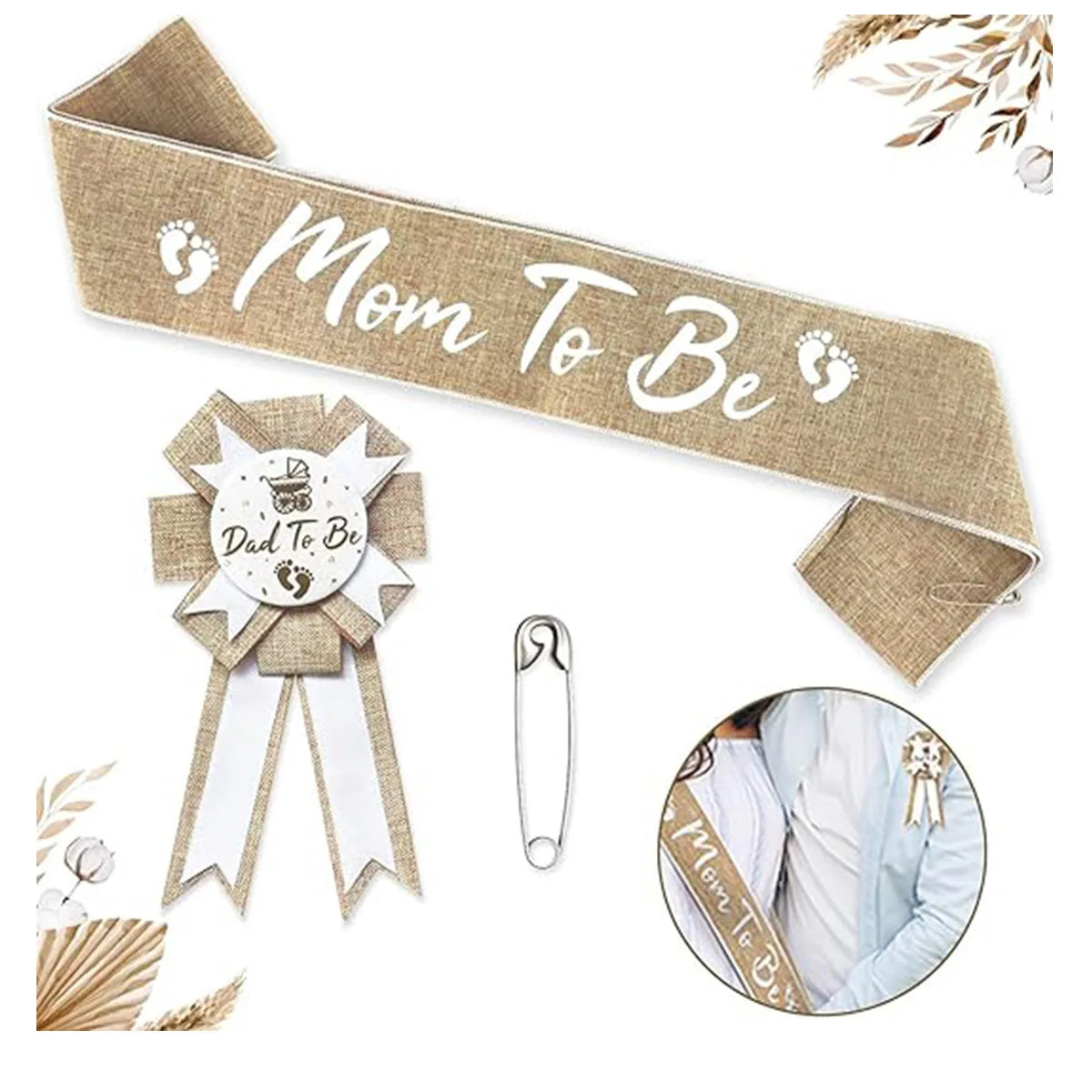 Baby shower series burlap material sash and badge set: 'Mom to Be' sash and 'Dad to Be' badge