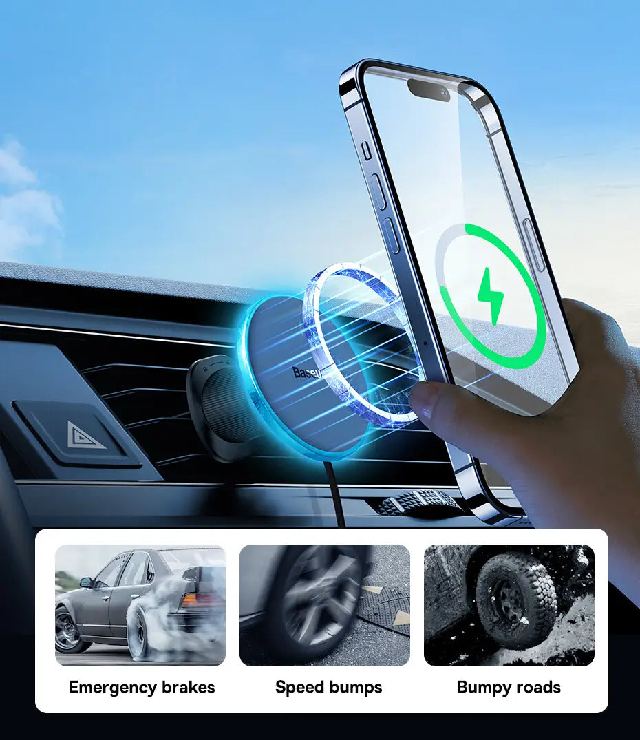 Un elegante cargador inalámbrico para coche Baseus magnético de 15 W con un acabado metálico circular y un aro azul luminoso.