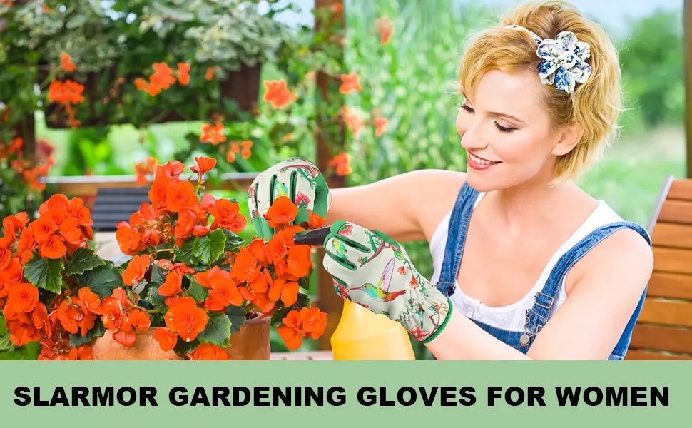 floral touchscreen gardening gloves for women featuring a soft fabric design with a green red and white floral pattern.